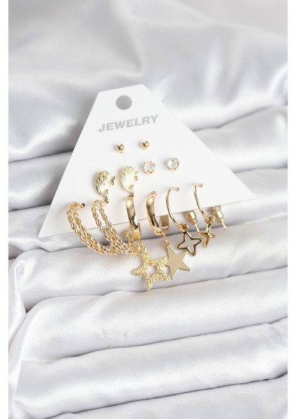 Gold Renk Yıldızlı Set 6 Çift Kadın Küpe Seti - Lisinya