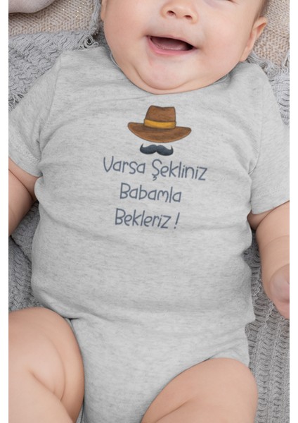 Organik %100 Pamuk Babamla Bekleriz Baskılı Bebek Body Çıtçıtlı Badi Zıbın Tulum 5881-BABA-G