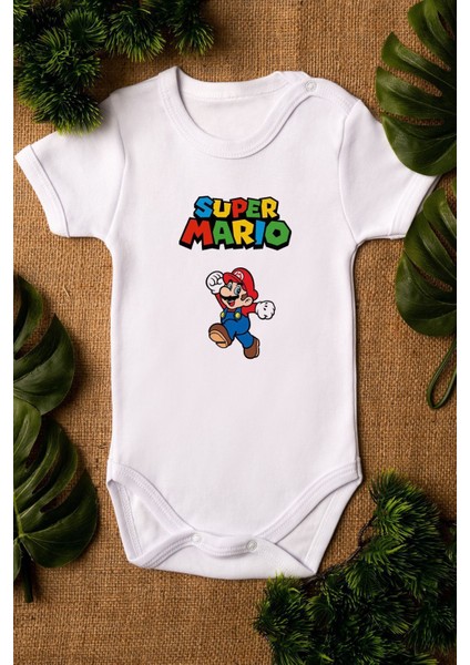 Organik %100 Pamuk Super Mario Baskılı Bebek Body Çıtçıtlı Badi Zıbın Tulum 5233