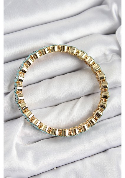 Pirinç Zirkon Taşlı Turkuaz Nazar Model Gold Renk Lastikli Kadın Bileklik - Lisinya fiyatları