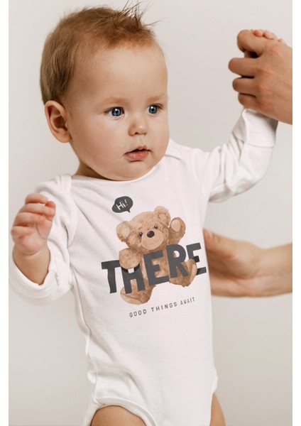 Organik %100 Pamuk Teddy Bear Hi There Baskılı Uzun Kollu Çıtçıtlı Bebek Body Badi Zıbın Tulum 5406