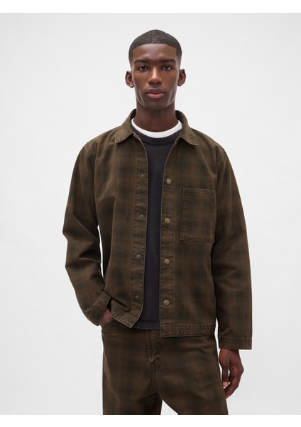 Erkek Kahverengi Kareli Kanvas Denim Gömlek
