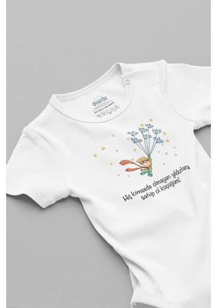 Organik %100 Pamuk Küçük Prens Baskılı Bebek Body Beyaz Çıtçıtlı Badi Zıbın Tulum 5077