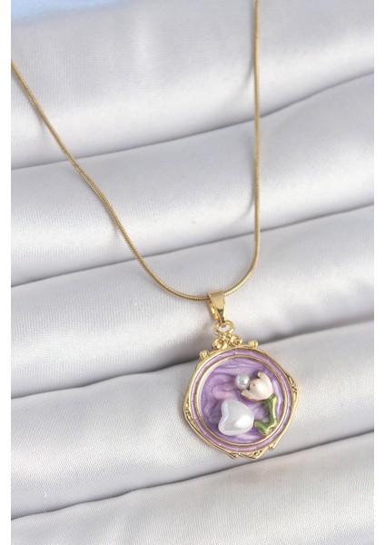 316L Çelik Gold Renk Zincir Mor Mineli Incili Çiçek Işlemeli Portre Model Kadın Kolye - Lisinya