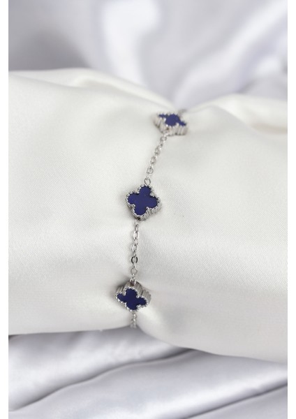 316L Çelik Gümüş Renk Lacivert Baby Boy Yonca Kadın Bileklik - Lisinya