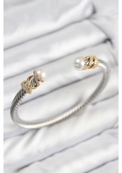 316L Çelik Zirkon Taşlı Inci Model Gold ve Gümüş Renk Kadın Bileklik - Lisinya