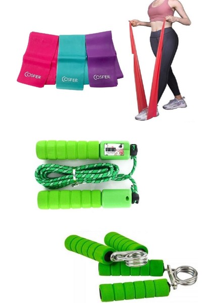 3'lü Set Aerobik Yoğa Egzersiz Pilates Bandı Seti Atlama Ipi El Parmak Bilek Kol Güçlendirme El Yayı