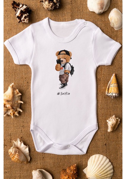 Organik %100 Pamuk Teddy Bear Selfie Baskılı Bebek Body Kısa Kollu Çıtçıtlı Badi Zıbın 5222