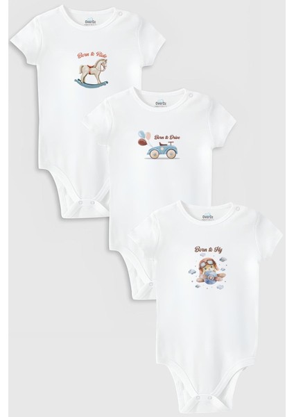 Organik %100 Pamuk At Araba Uçak 3'lü Bebek Body Set Beyaz Badi Çıtçıtlı Zıbın Üçlü 5790-5791-5792