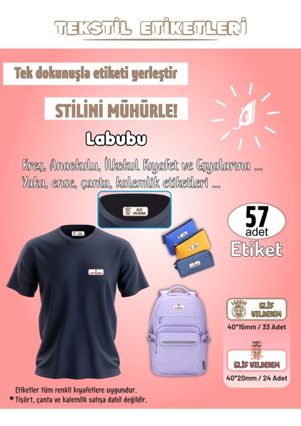 Labubu Kreş Anaokulu Ilkokul Kıyafet Eşya Yaka Ense Isim Etiketi 57 Adet