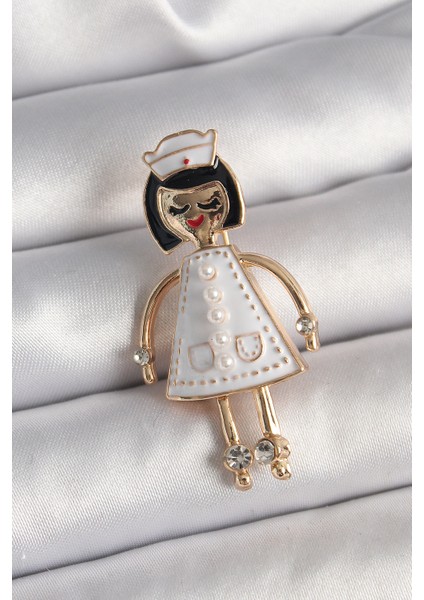 Pirinç Gold Renk Hemşire Model Inci Zirkon Taş Detay Kadın Broş