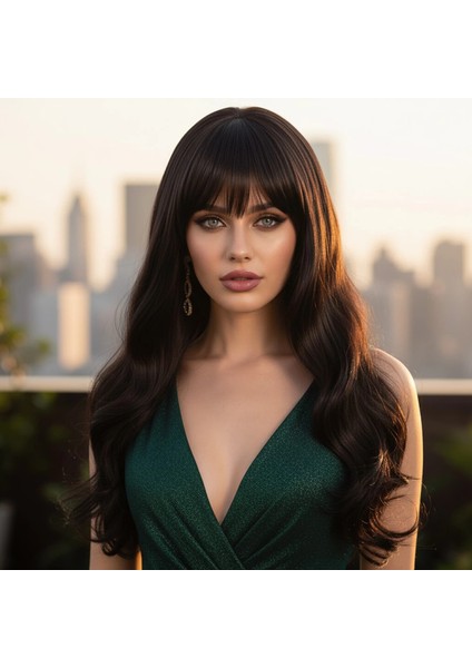 Kahküllü Uzun Dalgalı Fiber Sentetik Peruk - Kahverengi