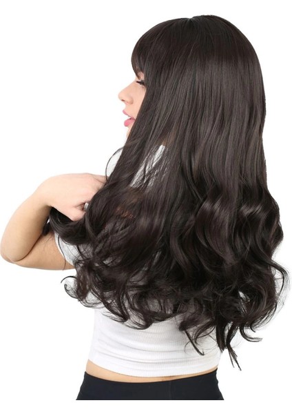 Kahküllü Uzun Dalgalı Fiber Sentetik Peruk - Kahverengi fırsatları