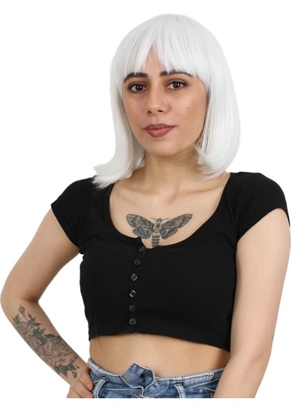 Küt Kahküllü Fiber Sentetik Peruk - Beyaz