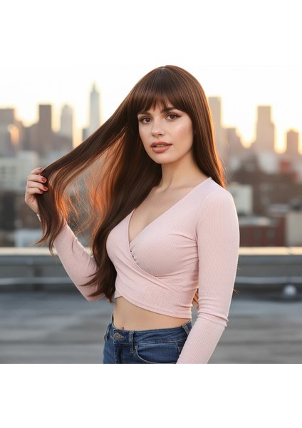 Fiber Sentetik Uzun Düz Kahküllü Peruk - Kahve Karamel