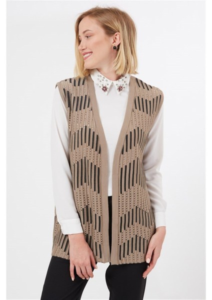 Kadın Kum Zikzak Desenli Ajurlu Yazlık Anne Triko Yelek