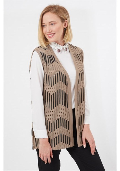 Kadın Kum Zikzak Desenli Ajurlu Yazlık Anne Triko Yelek