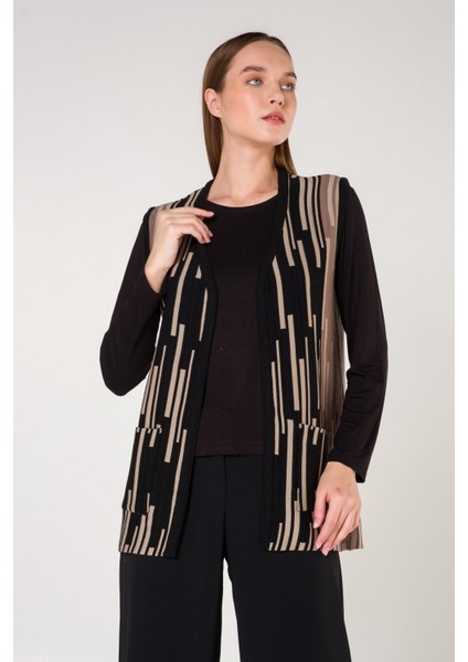 Kadın Siyah Şeritli Cepli V Yaka Ekose Triko Anne Yelek fiyatları