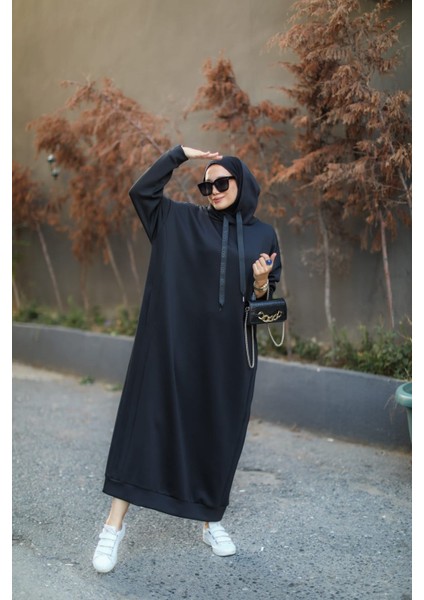 Tesettür Kapüşonlu Scuba Elbise Siyah