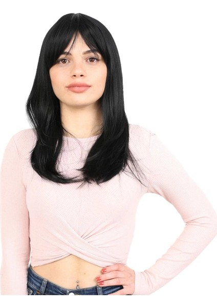 Düz Perçemli Orta Boy Fiber Sentetik Peruk - Siyah