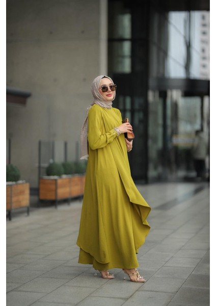 Tesettür Ayrobin Hera Elbise Yağ Yeşili