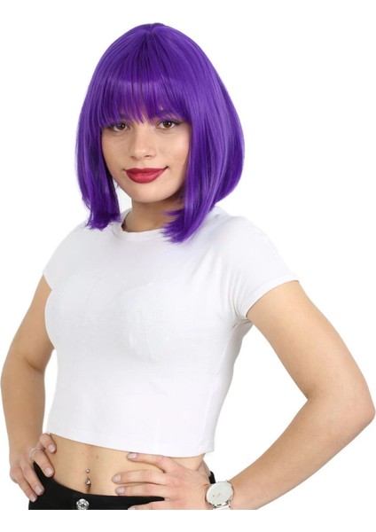 Küt Kahküllü Fiber Sentetik Peruk - Mor