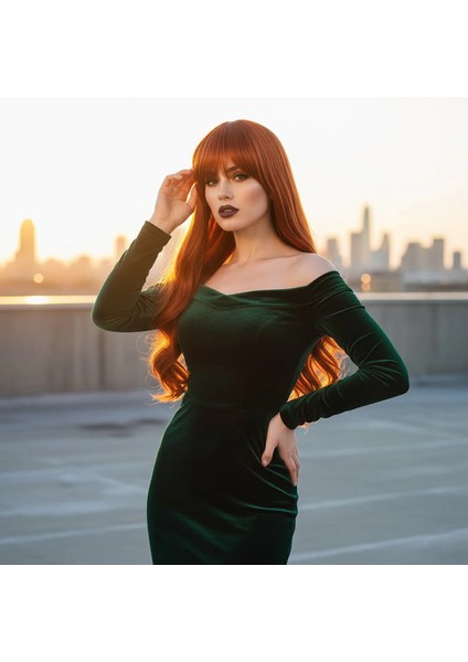 Kahküllü Uzun Dalgalı Fiber Sentetik Peruk - Bakır