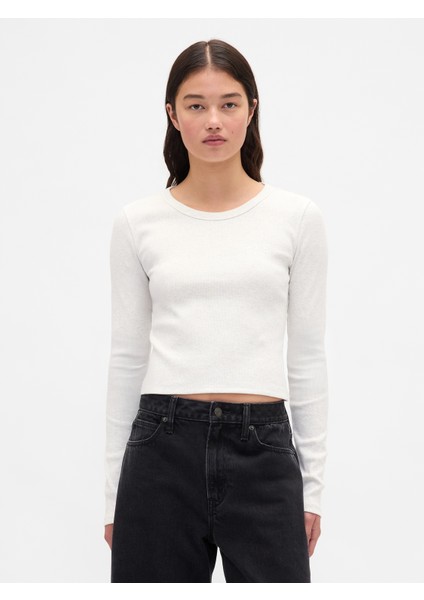 Kadın Bej Ribana Crop Bisiklet Yaka T-Shirt