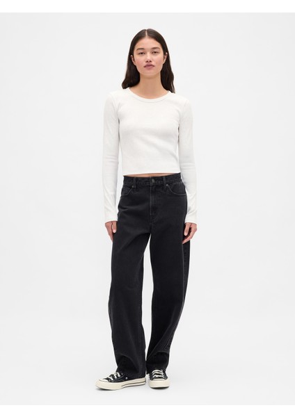 Kadın Bej Ribana Crop Bisiklet Yaka T-Shirt indirimleri