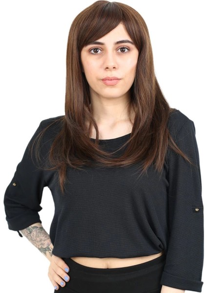 Düz Perçemli Orta Boy Fiber Sentetik Peruk - Kahve Karamel