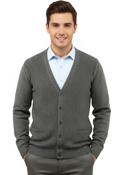 Erkek Düğmeli Hırka Cepli Çelik Örgü Klasik Kalıp 5212M BGL-ST04848