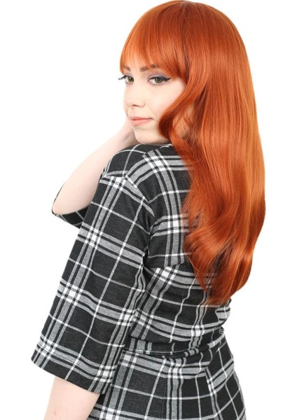 Düz Perçemli Orta Boy Fiber Sentetik Peruk - Bakır modelleri