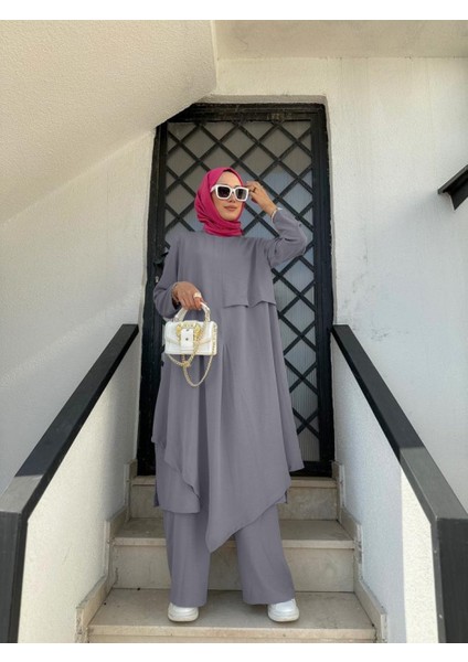 Tesettür Asimetrik Tunik Pantolon Takım Gri