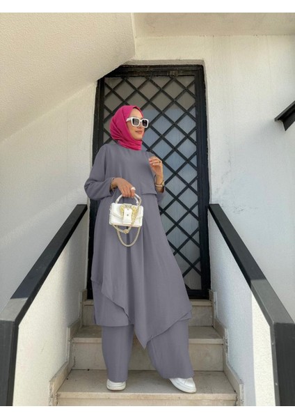 Tesettür Asimetrik Tunik Pantolon Takım Gri fiyatları