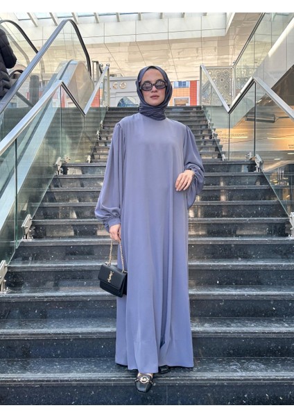 Tesettür Retro Balonkol Elbise Gri