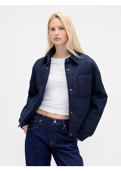 Kadın Mavi Denim Şişme Puffer Şişme Ceket