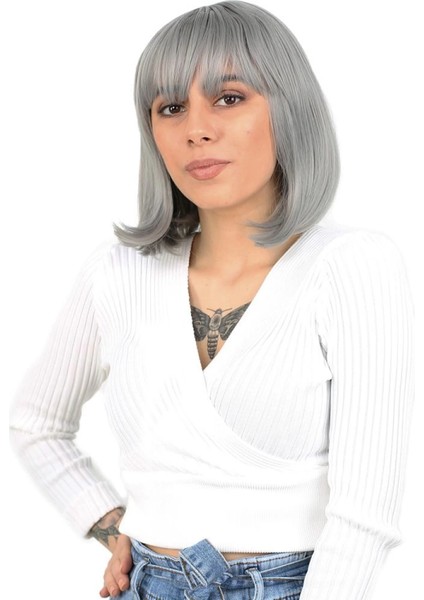 Küt Kahküllü Fiber Sentetik Peruk - Gri