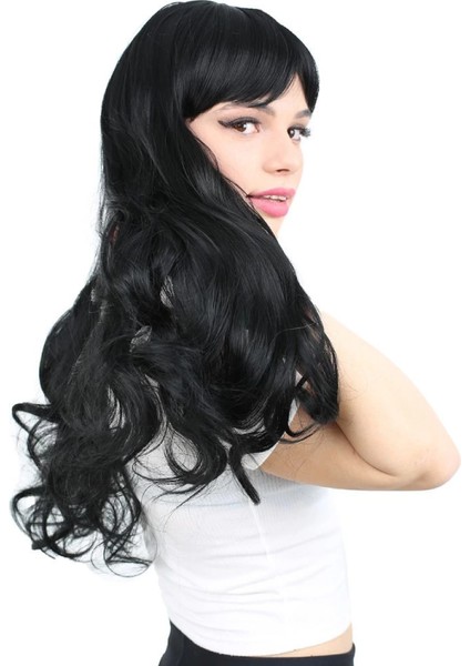 Kahküllü Uzun Dalgalı Fiber Sentetik Peruk - Siyah modelleri