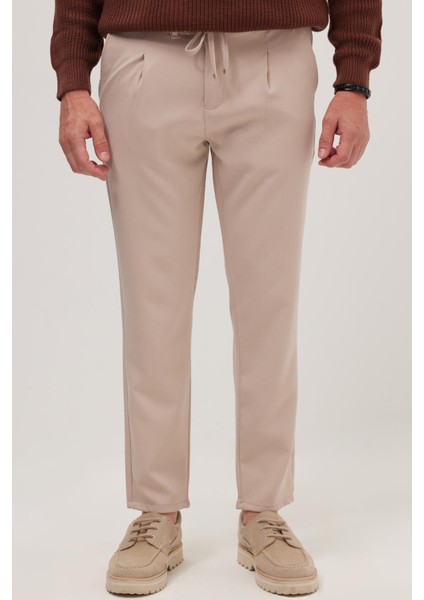 Erkek Slim Fit Dar Kesim Lastikli Bağcık Detaylı Taş Pantolon