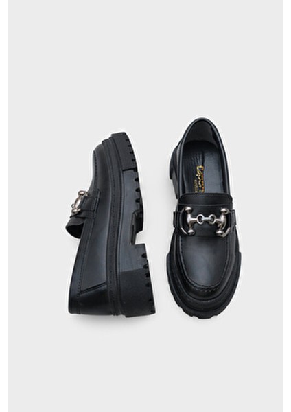 Kadın Günlük Loafer Suni Deri Oval Burunlu Metal Tokalı 6 cm