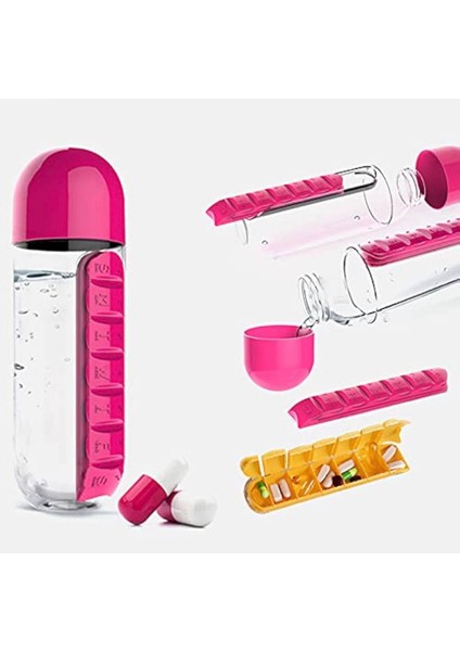 600 ml Koyu Pembe 7 Günlük Ilaç Saklama Kutulu Hazneli Su Matara fiyatları