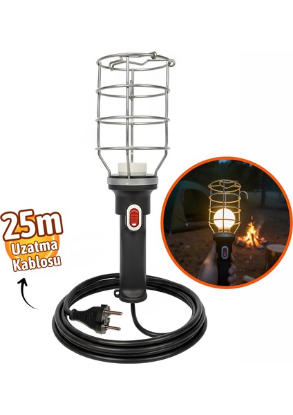 Siyah 25 mt Plastik Saplı Metal Koruma Kafesli Kablolu E27 Standart Duy Seyyar El Lambası