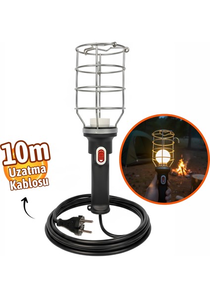 Siyah 10 mt Plastik Saplı Metal Koruma Kafesli Kablolu E27 Standart Duy Seyyar El Lambası
