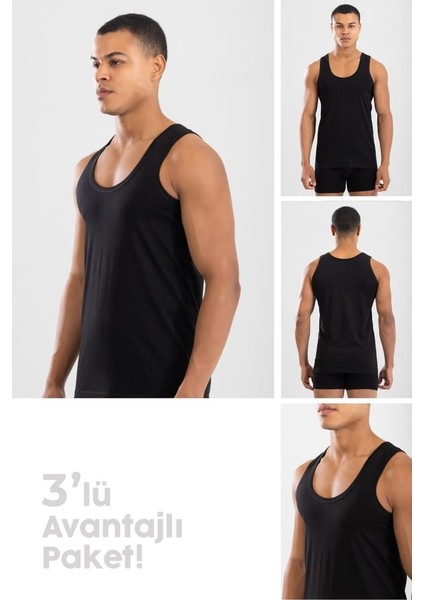 Erkek Pamuklu Klasik Regular Düz Atlet 3'lü Paket Siyah