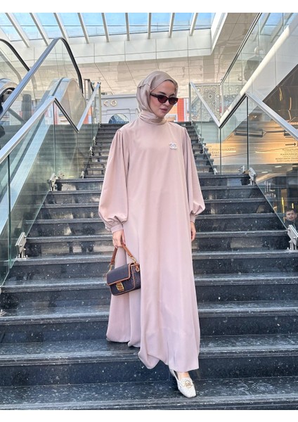 Tesettür Retro Balonkol Elbise Bej