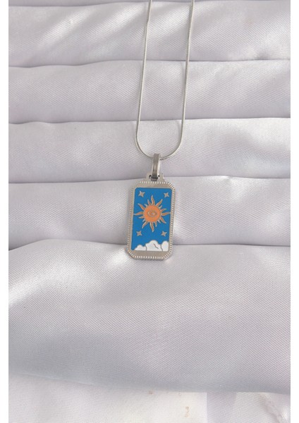 316L Çelik Gümüş Renk Mavi Mineli Güneş Model Tarot Kolye - Lisinya