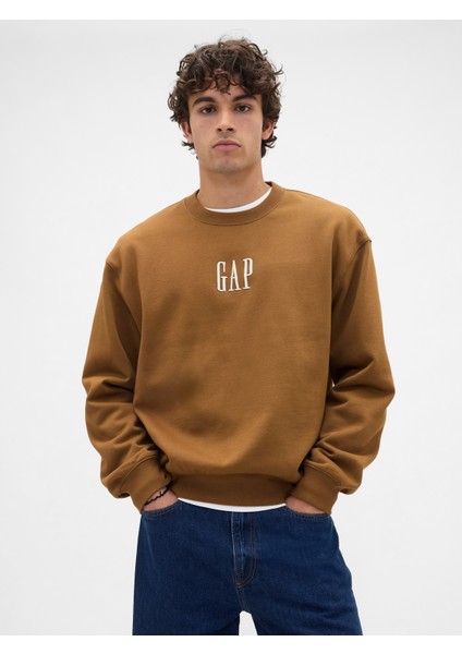 Erkek Kahverengi Heavyweight Oversized Gap Logo Bisiklet Yaka Sweatshirt