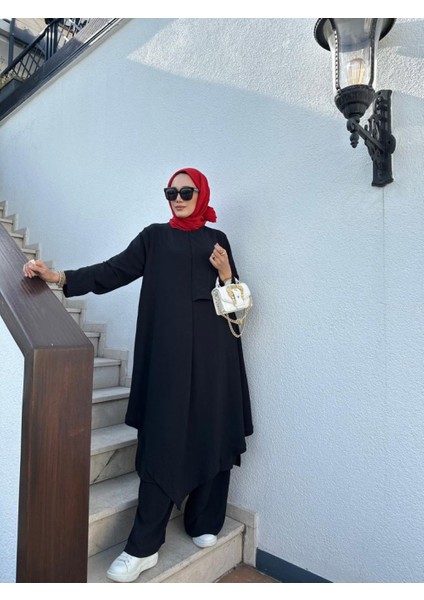 Tesettür Asimetrik Tunik Pantolon Takım Siyah