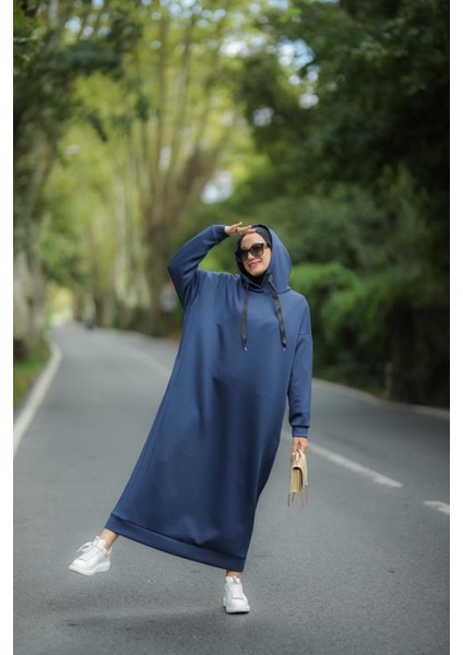 Tesettür Kapüşonlu Scuba Elbise Lacivert