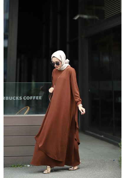 Tesettür Ayrobin Hera Elbise Kahverengi